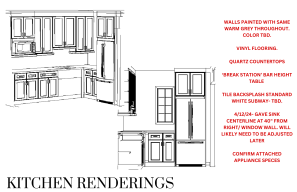 Sketch of a kitchen layout with cabinets, appliances, and an island design.