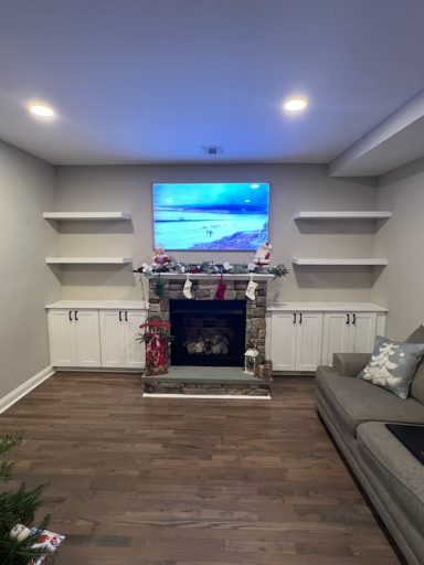 Modern living room with a fireplace, TV, shelves, and a cozy sofa.