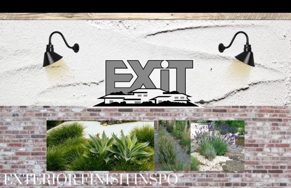 Signage with "EXIT" text and wall lamps, showcasing landscaping images below.