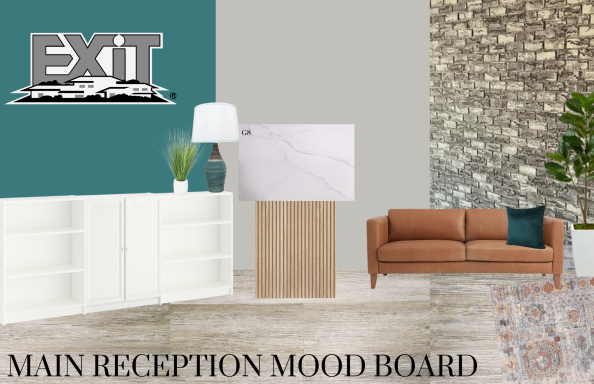 Main reception mood board featuring a marble desk, lamp, couch, and decorative wall.