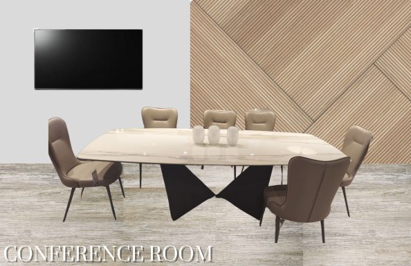 Modern dining room with a large table and six upholstered chairs, accented by a TV and wood paneling.