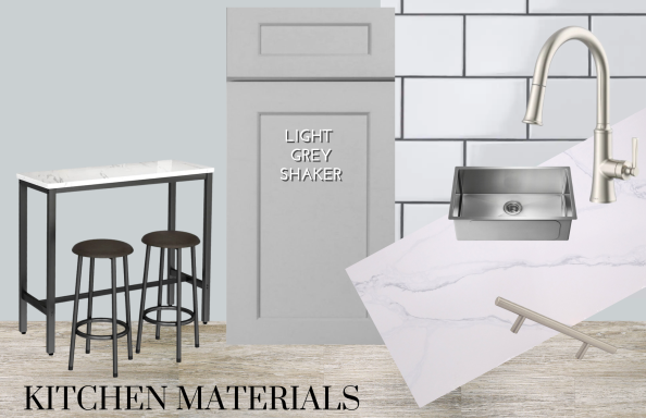 Collage of modern kitchen materials: bar stools, sink, faucet, and cabinetry.