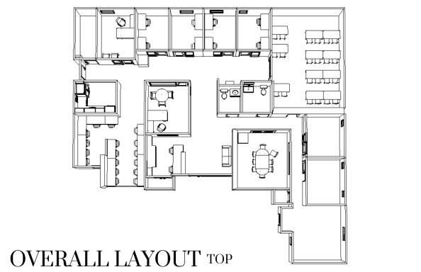 Floor plan of a building layout, featuring rooms and communal areas.